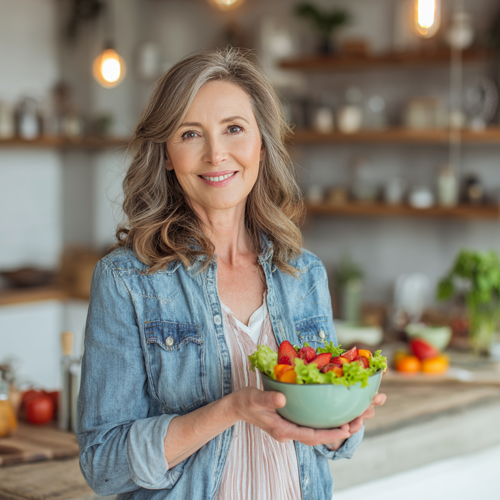 Smiling middle-aged Ukrainian woman holding a colorful salad bowl in a bright modern kitchen, representing healthy meal planning