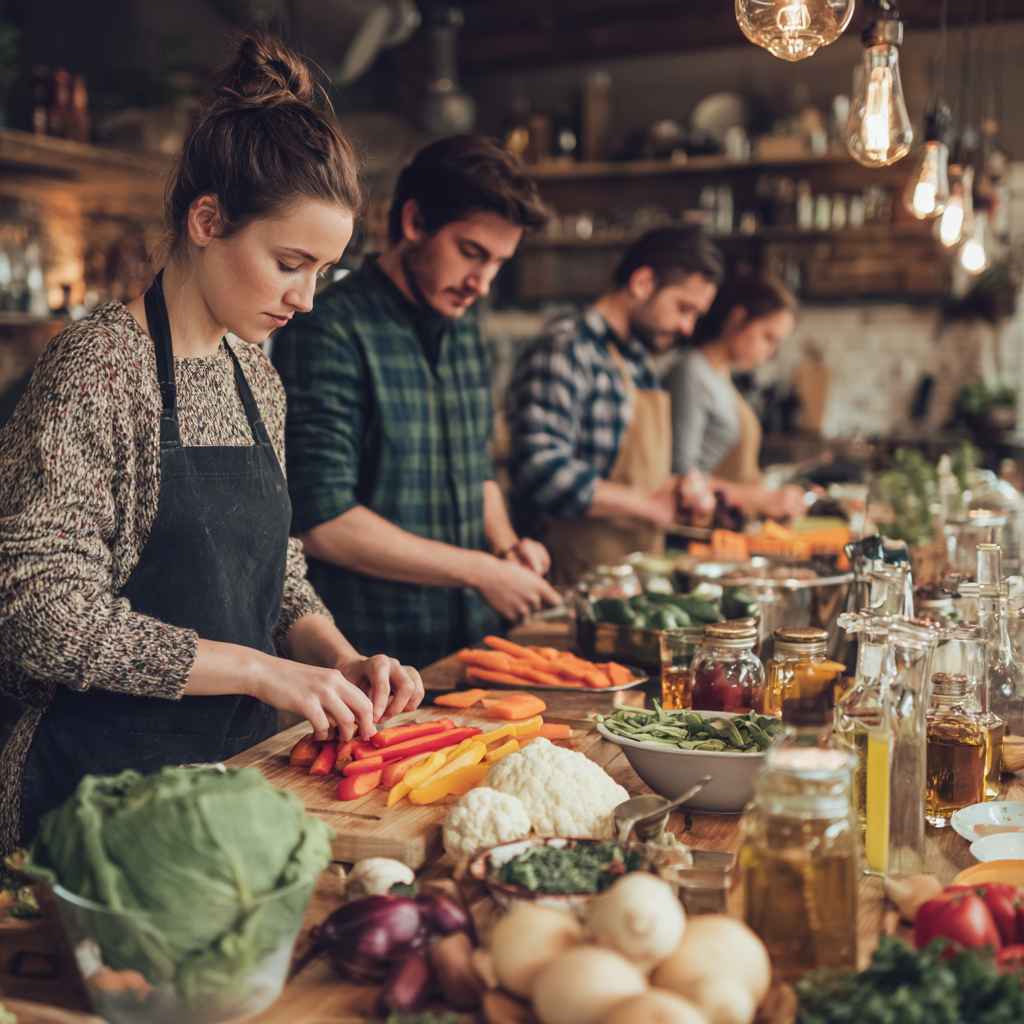 Traditional Ukrainian family meal with elderly grandparents and middle-aged adults sharing healthy traditional foods in a warm home setting